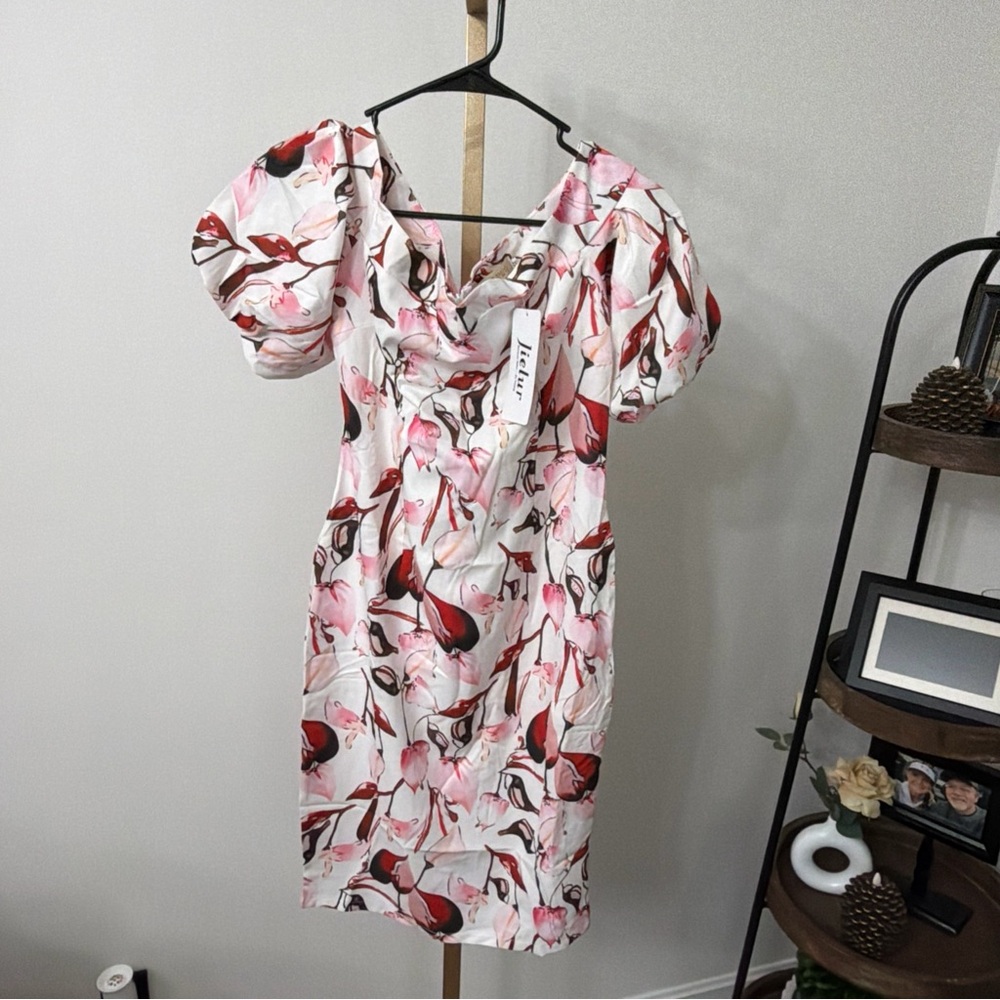 FEIMAN Red and Pink Floral Midi Dress